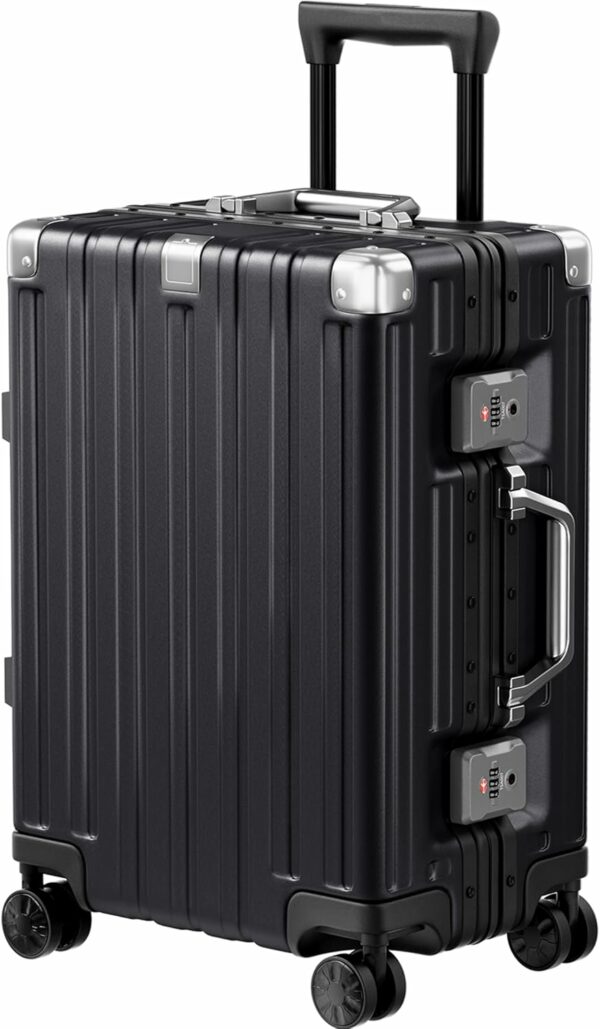 Carry On Luggage Aluminum Frame No Zipper Metal Hardshell PC+ABS Luggage Noble TSA Airline Approved Suitcase with Spinner Wheels 20 Inch Black 1